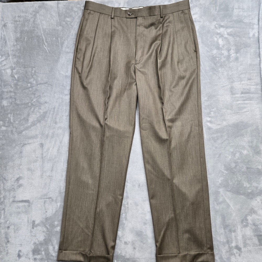 Alan Flusser Mens Size 38x32 Wool Blend Brown Pleated Cuffed Dress Pant Trousers